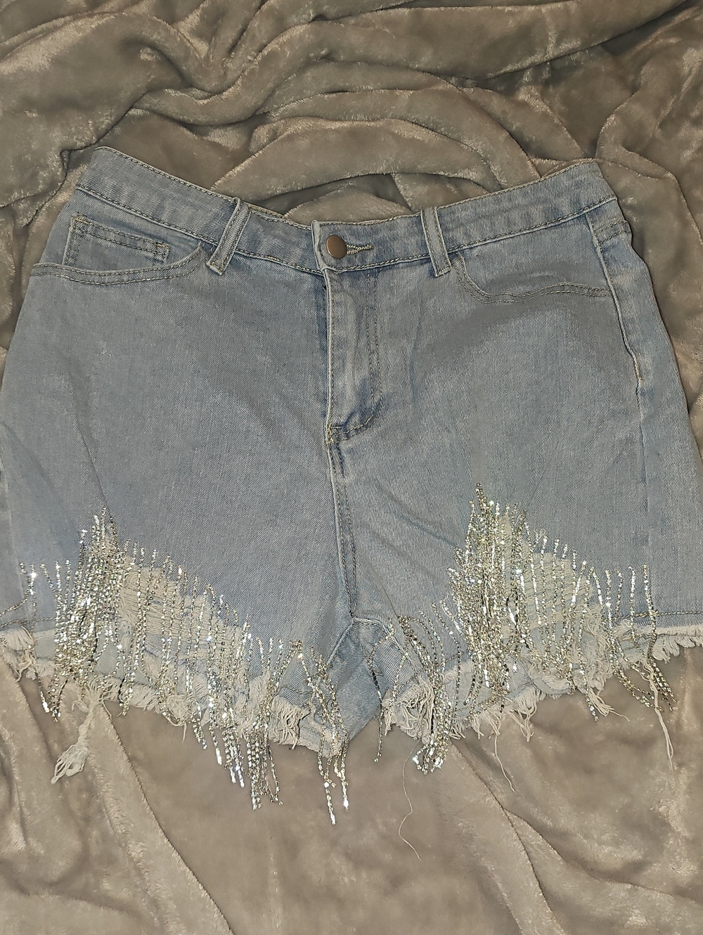 Kiwi Light Blue Denim Shorts with Silver Bead Fringe